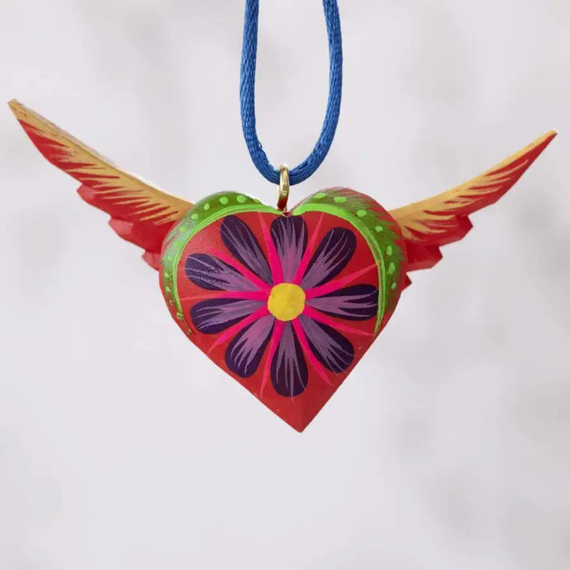 Mexican Hand Painted Heart Shape Wooden Necklaces orange color