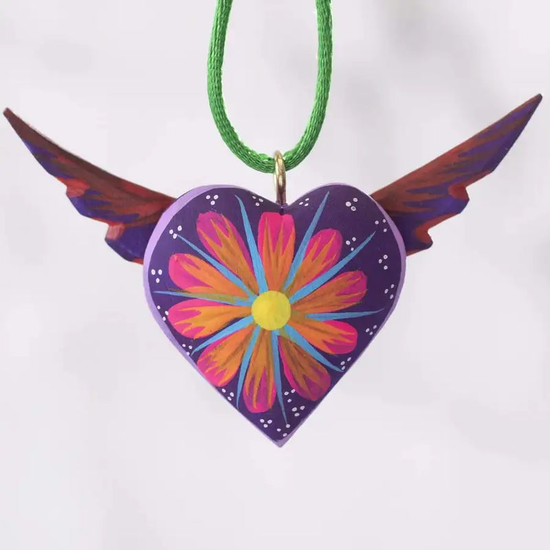 Mexican Heart with Wings Hand Painted Necklace - 21