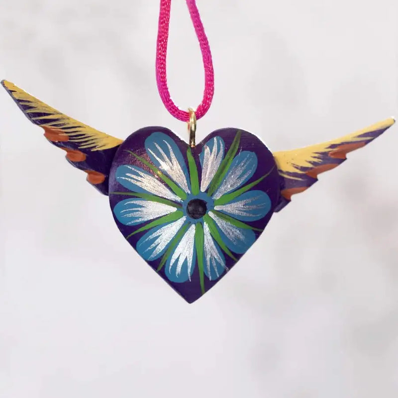 Mexican Heart with Wings Hand Painted Necklace - 23