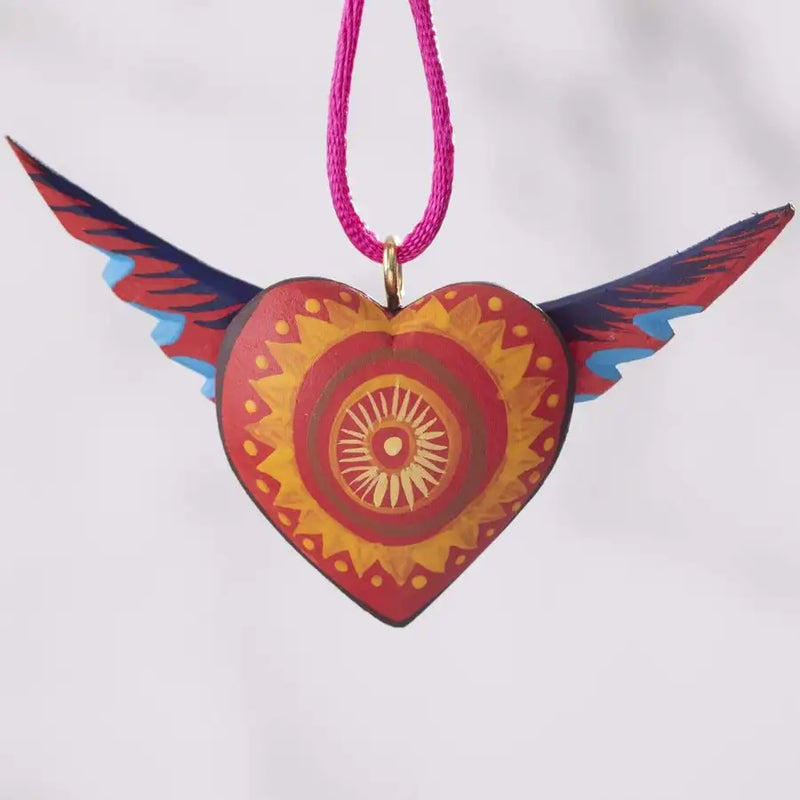 Mexican Heart with Wings Hand Painted Necklace - 25
