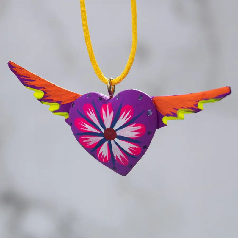 Mexican Heart with Wings Hand Painted Necklace - 32