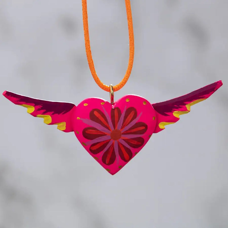 Mexican Heart with Wings Hand Painted Necklace - 34