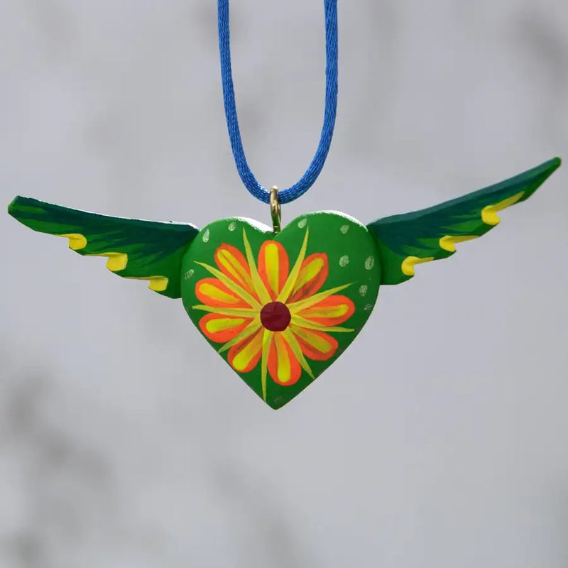 Mexican Heart with Wings Hand Painted Necklace - 35