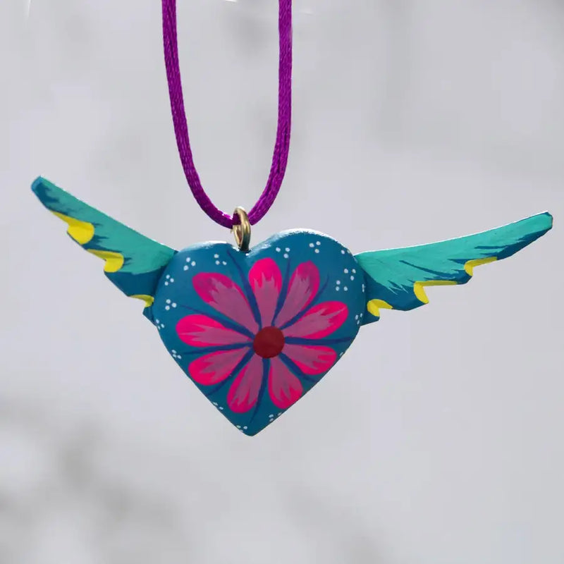 Mexican Heart with Wings Hand Painted Necklace - 36