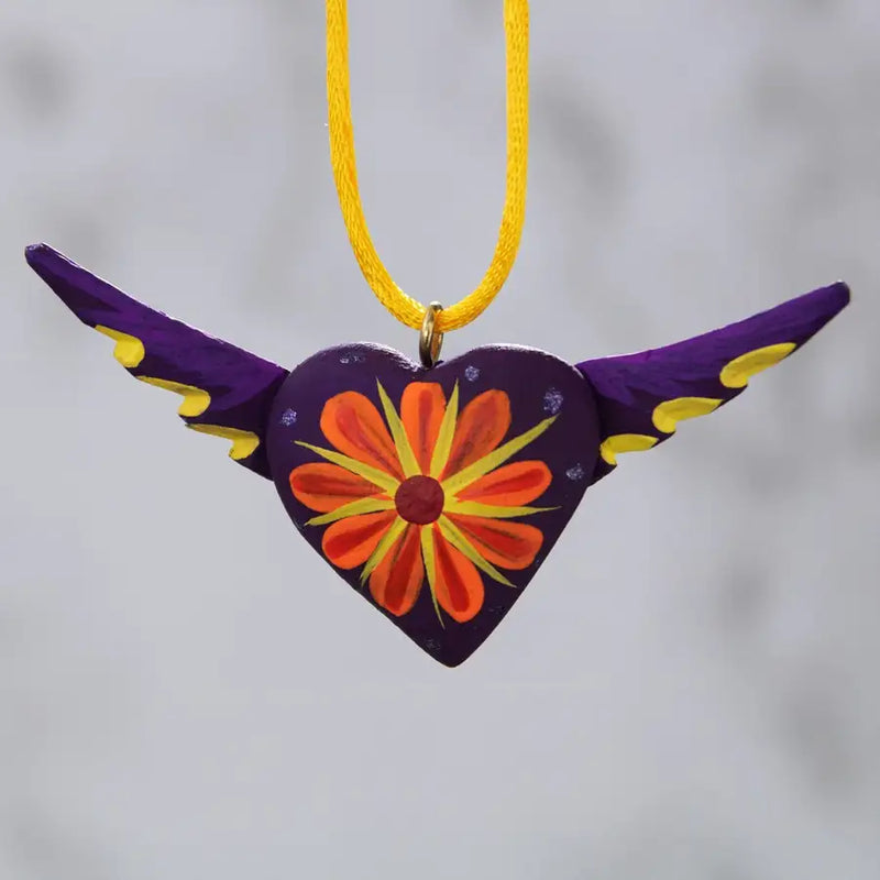Mexican Heart with Wings Hand Painted Necklace - 37