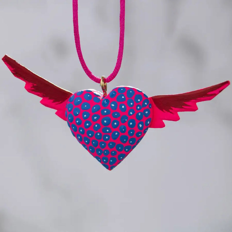 Mexican Heart with Wings Hand Painted Necklace - 39