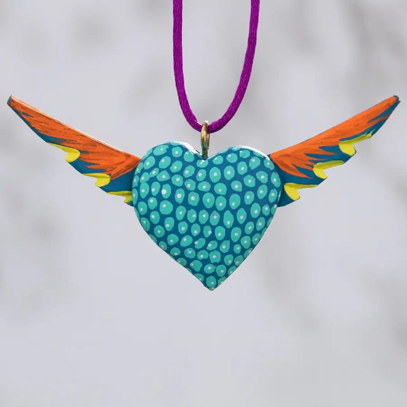 Mexican Heart with Wings Hand Painted Necklace - 42