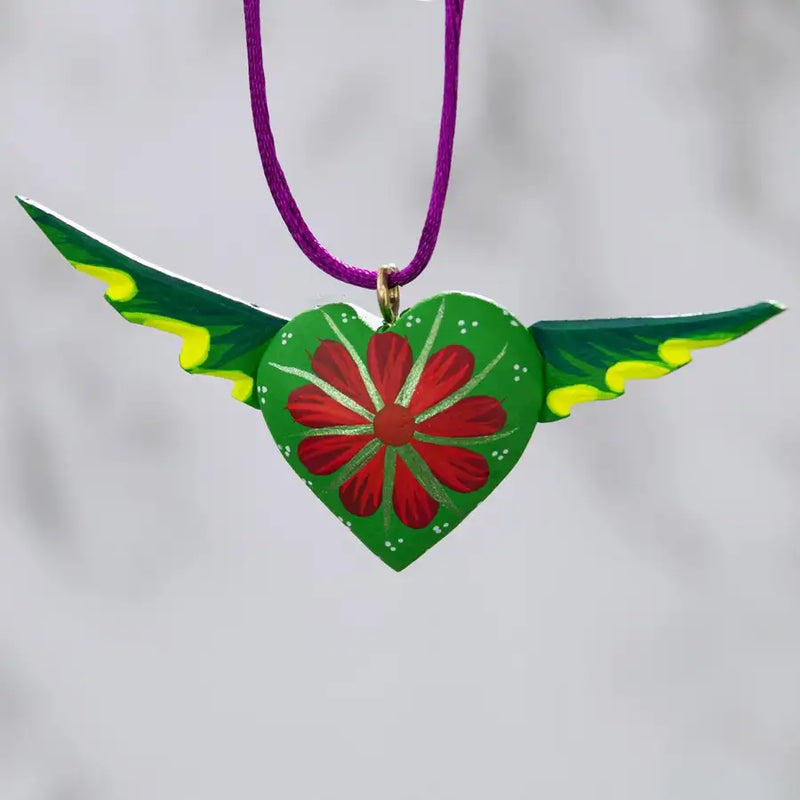 Mexican Heart with Wings Hand Painted Necklace - 44