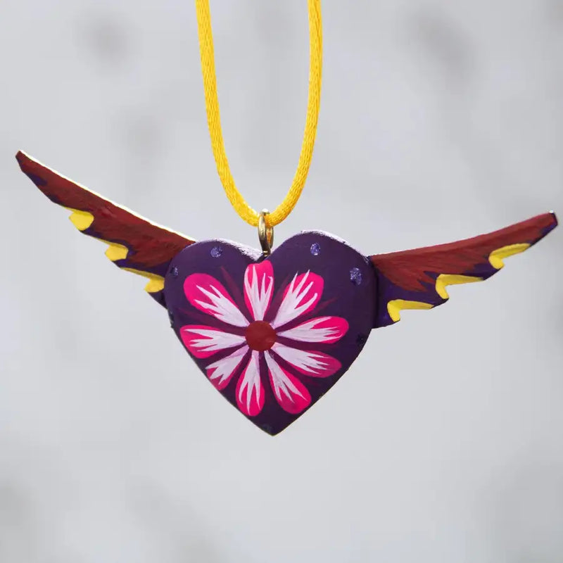 Mexican Heart with Wings Hand Painted Necklace - 45
