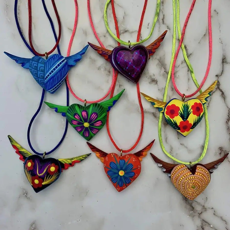 Mexican Heart with Wings Hand Painted Necklace
