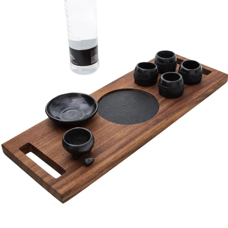 Shot Glass Set with Leather in Parota Serving Tray - 1