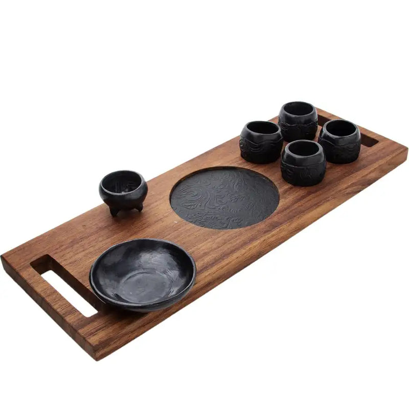 Shot Glass Set with Leather in Parota Serving Tray - 10